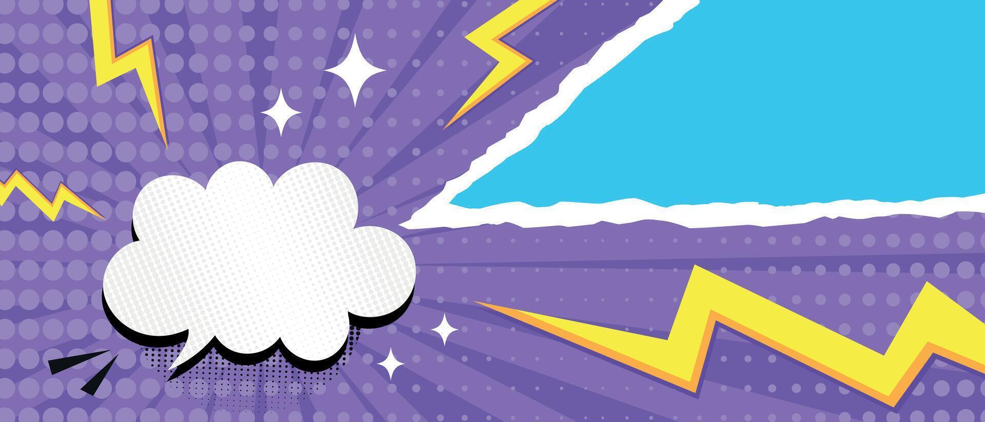 Pop art bright banner with speech bubble and torn paper. Comic background with dots, stripes, stars and lightning symbols. illustration vector