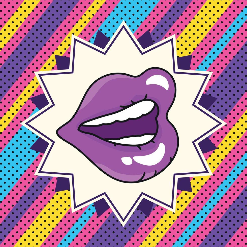 Retro pop art style bright background with speaking female lips. Pink woman lips, stripes and dots. illustration vector