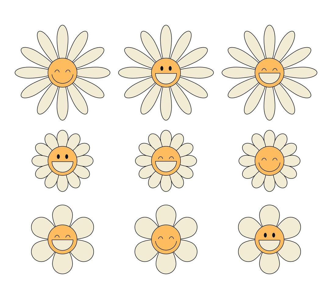 Groovy daisy chamomile flower characters set. Hippie retro style. Flower icons. illustration vector