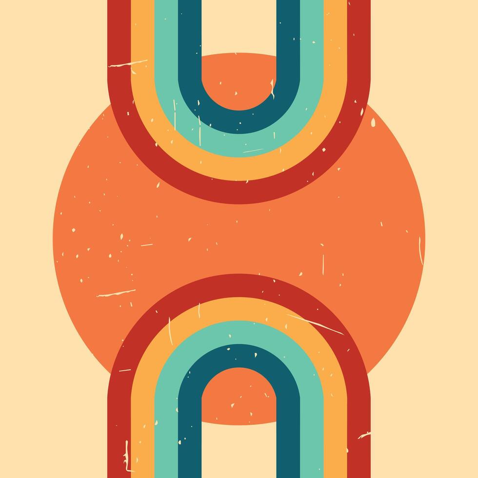 Abstract vintage retro background. Rainbow colored stripes and circle. Grunge texture. illustration vector