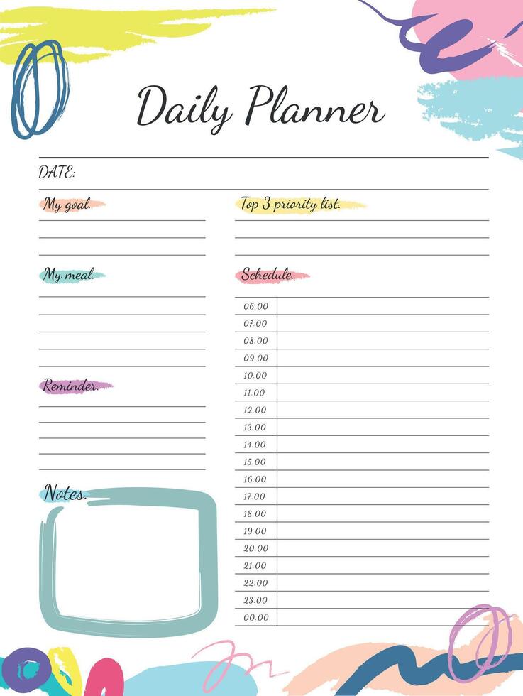 Daily planner template. Printable to do list. Organizer and schedule. Decorated artistic. illustration vector