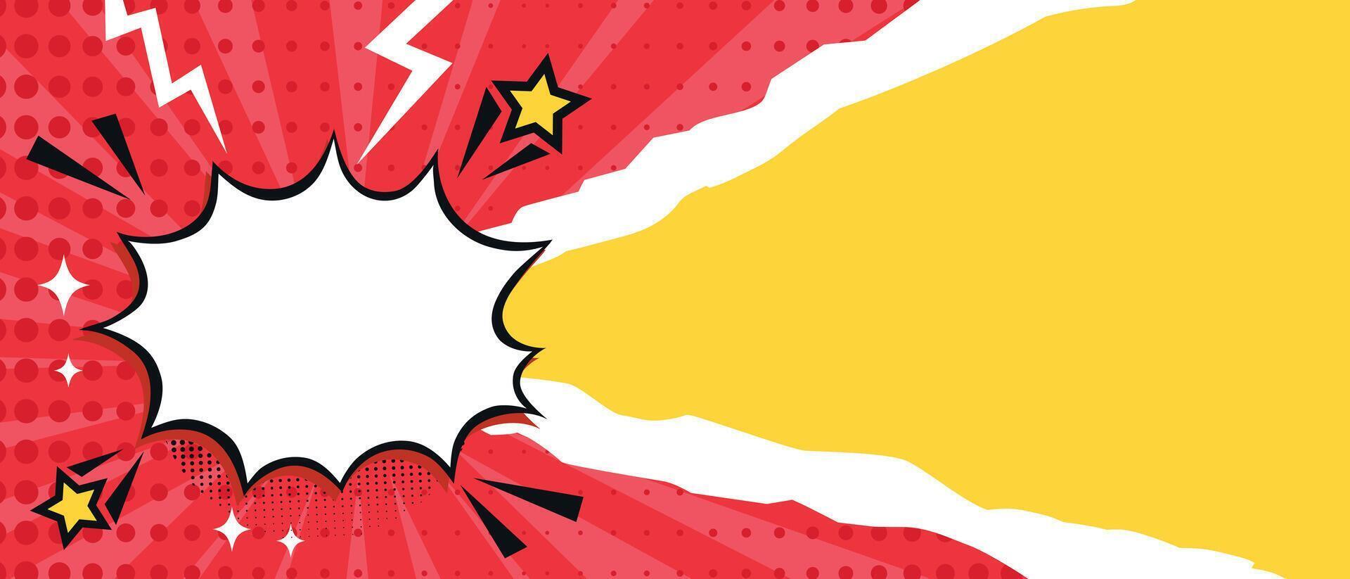 Pop art bright banner with speech bubble cloud and torn paper. Comic background with dots, stripes, stars and lightning. illustration vector
