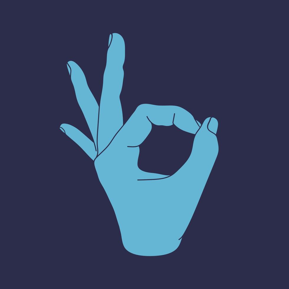 Hand with OK gesture sign isolated on blue background. Hand drawn illustration vector