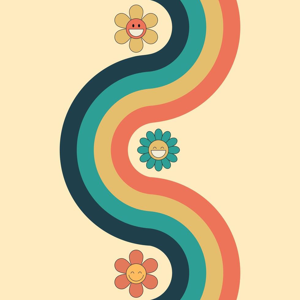 Groovy background with rainbow and daisy flowers. 70 s Hippie retro style. illustration vector