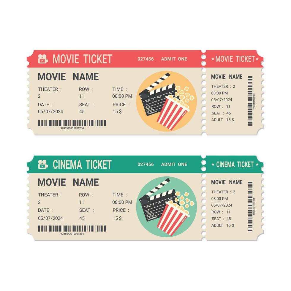 Movie or cinema ticket vintage design. Realistic front view. Retro ticket template. illustration vector