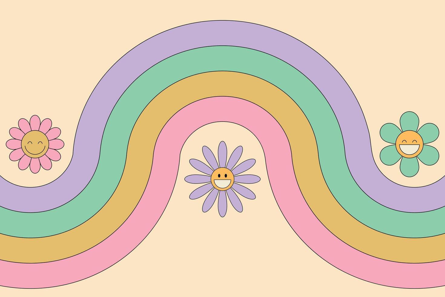 Groovy background with rainbow and smiling daisy flowers. 60s 70 s Hippie retro style. illustration vector