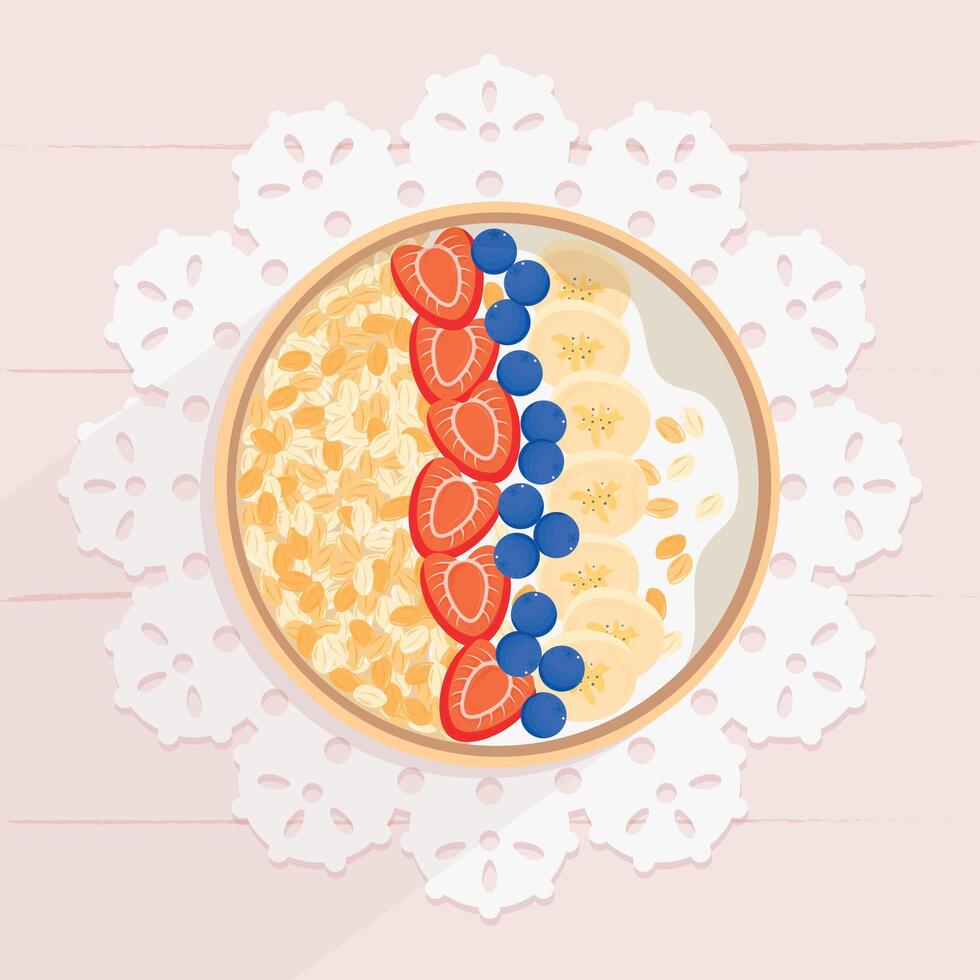 Oatmeal in a bowl on wooden table decorated with napkin. Oat flakes with banana, strawberries and blueberries. Porridge oats, top view. Healthy natural breakfast. illustration vector