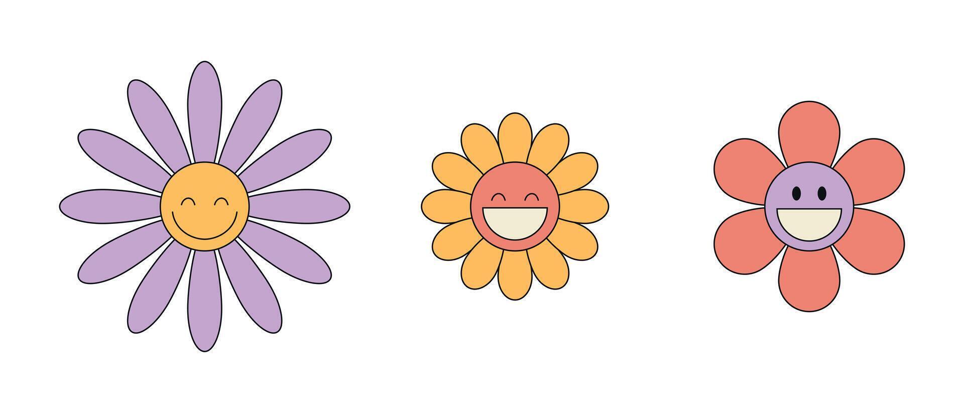 Smiling groovy daisy flower characters set. Hippie retro style. Flower icons. illustration vector