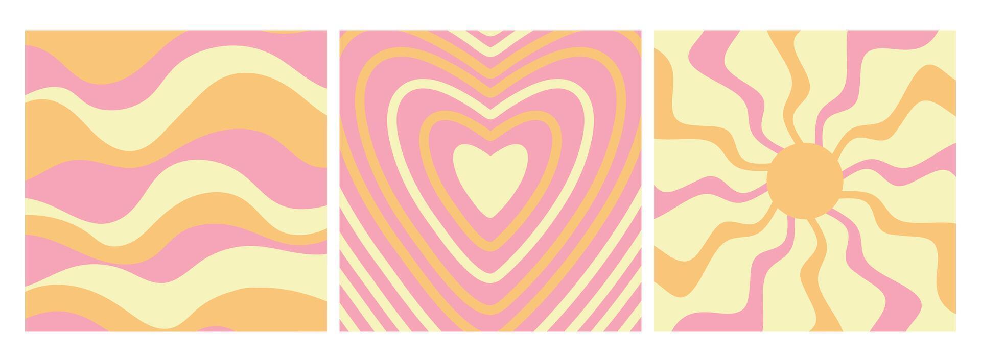 Groovy retro backgrounds. Sun with rays, heart and waves. Hippie 60s, 70s style. illustration vector