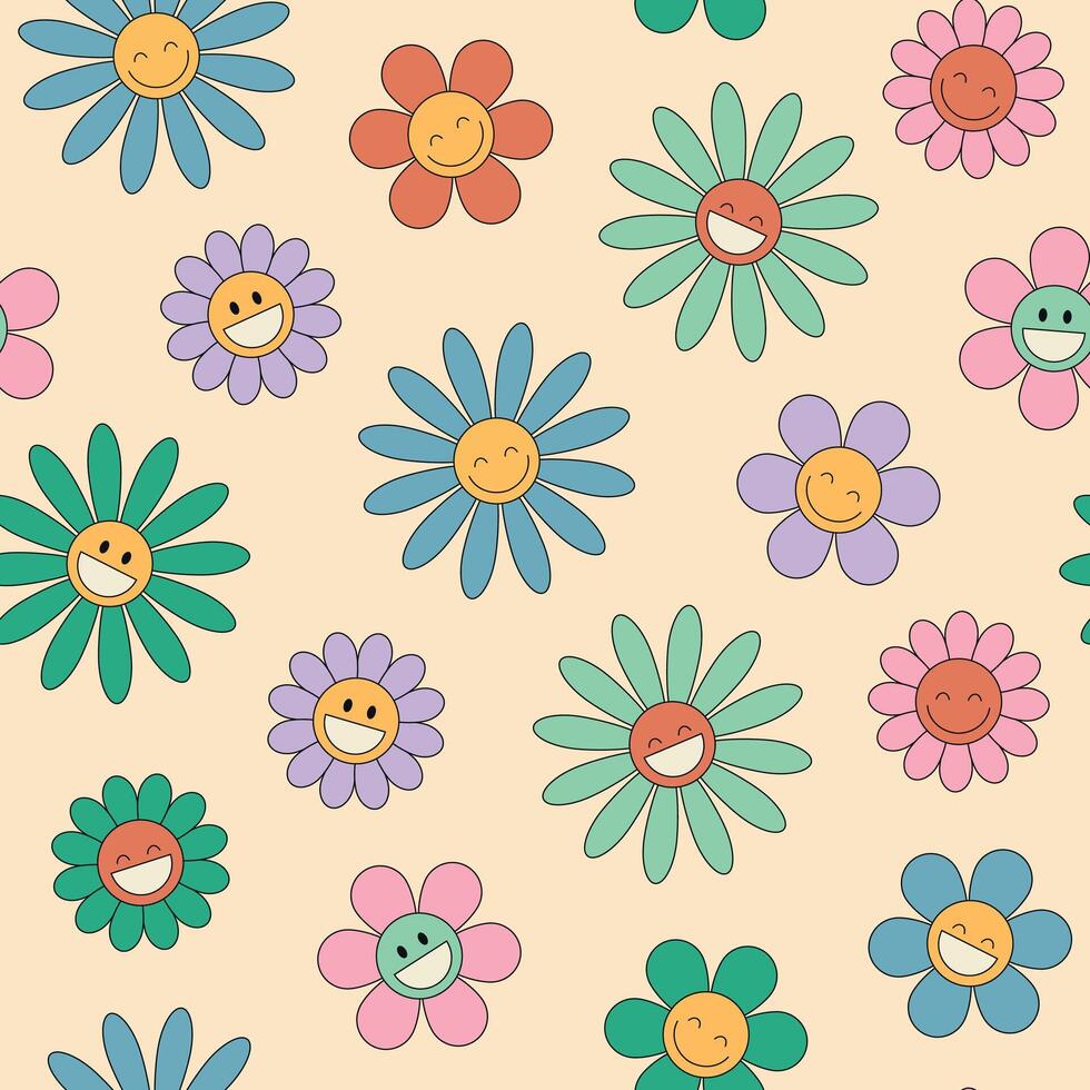 Groovy daisy flower seamless pattern. Hippie retro style. Flower icons. illustration vector