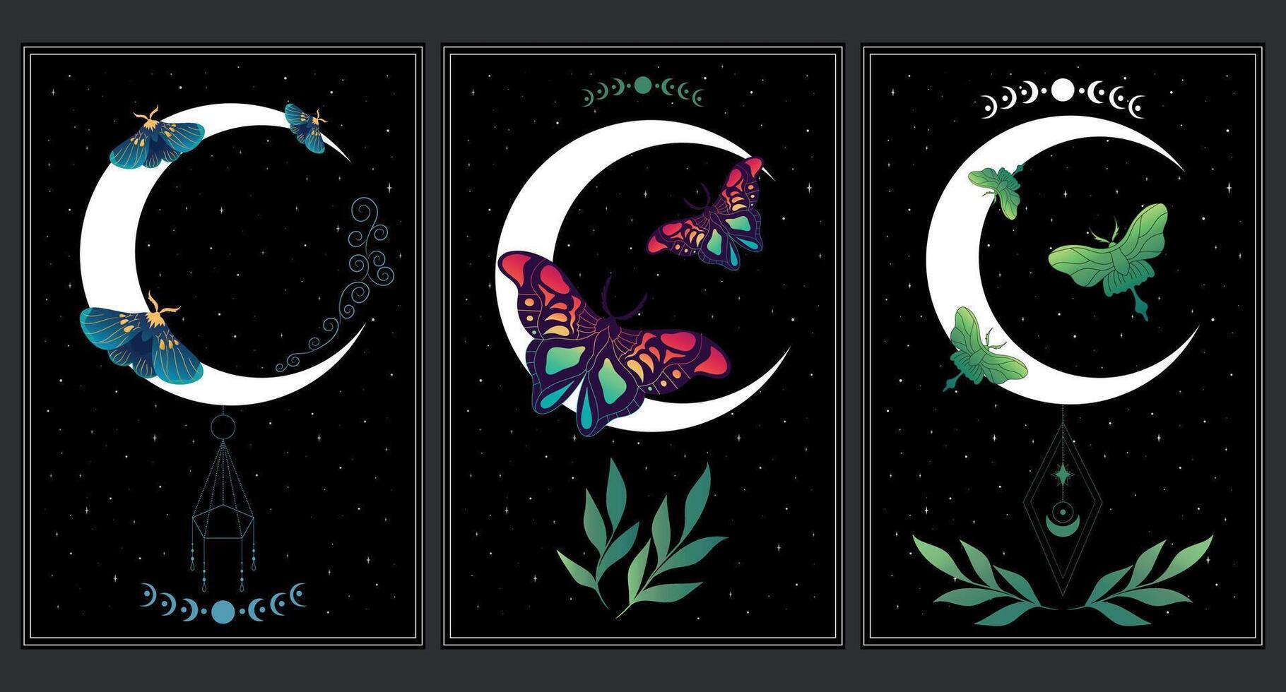 Set of celestial background with butterflies, stars and crescent moon. Space art posters with butterflies. illustration vector