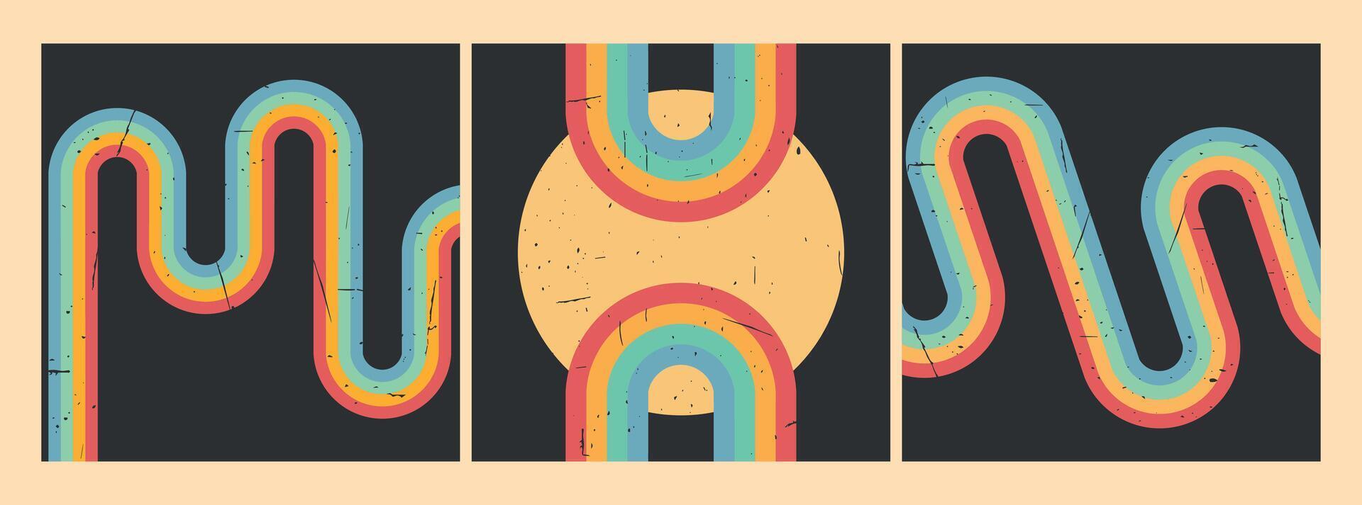 Retro vintage background set. Retro style stripes. Twisted rainbow on dark background. Grunge texture. illustration vector