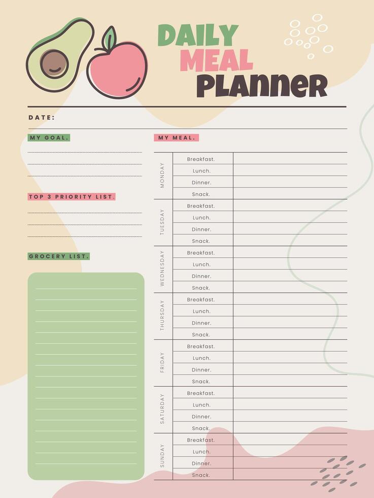 Daily meal planner template. Printable to do list with a goal, schedule and grocery list. Diet planner. illustration vector