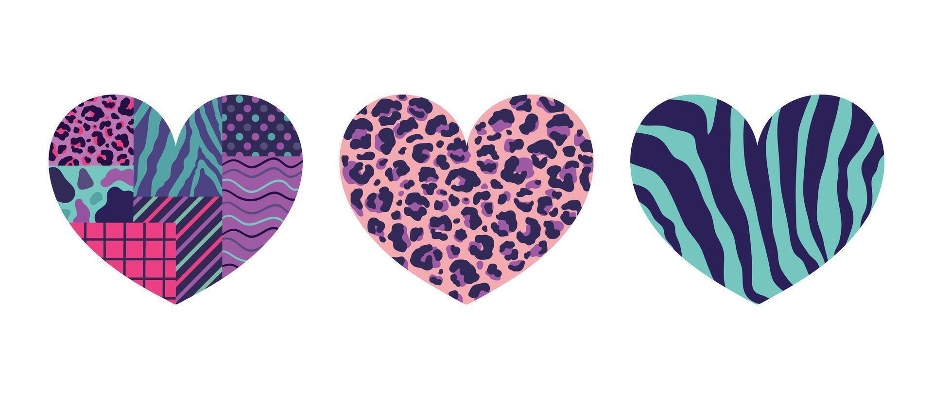 Set of heart icons with different patterns in retro colors. Heart with leopard print, zebra print and geometric patterns. illustration vector