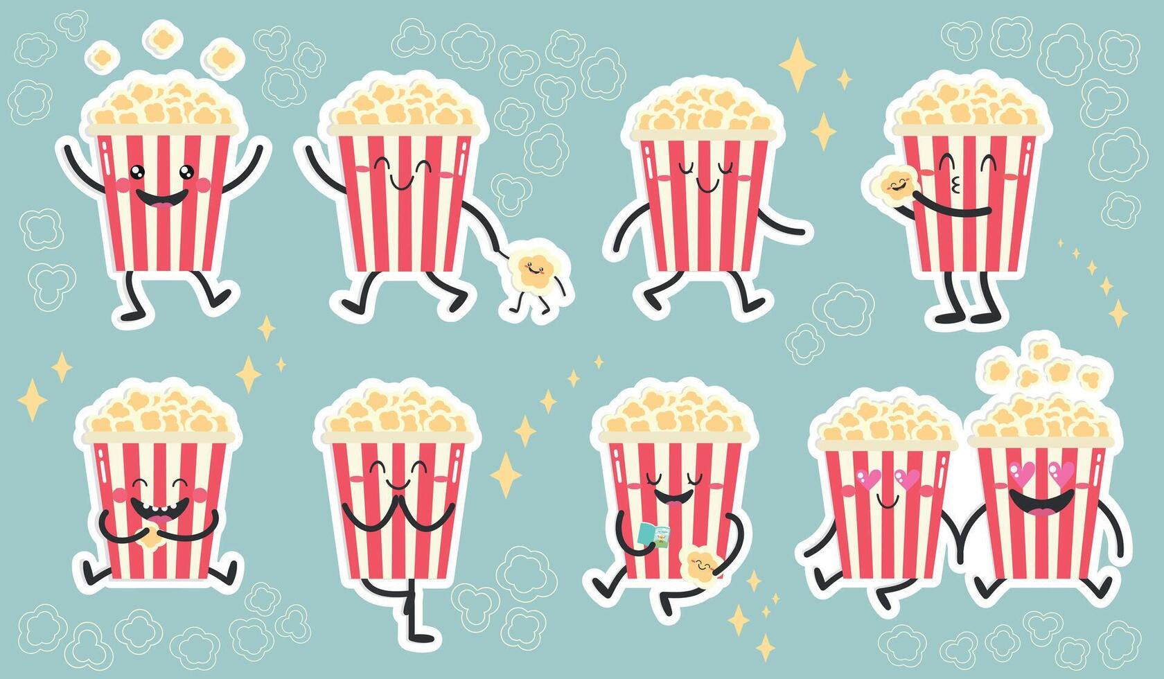 Cute cartoon popcorn characters set. Funny popcorn buckets and babies. Flat style. illustration vector