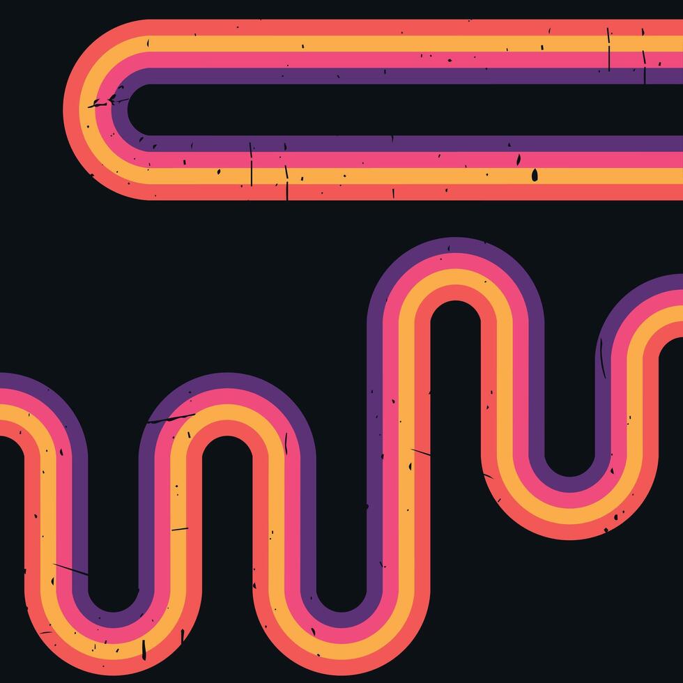 Retro vintage style stripes. Bright twisted wavy rainbow on dark background. Grunge texture. illustration vector