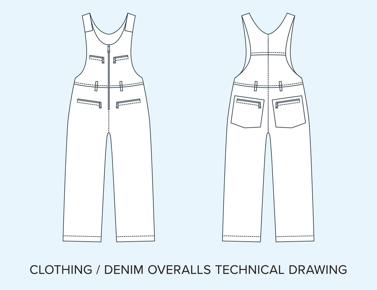 Jean Overalls, Technical Drawing, Apparel Blueprint for Fashion Designers vector