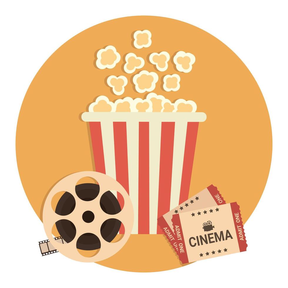 Movie poster template. Retro Cinema emblem with a film reel, popcorn bucket and movie tickets. illustration in flat style vector