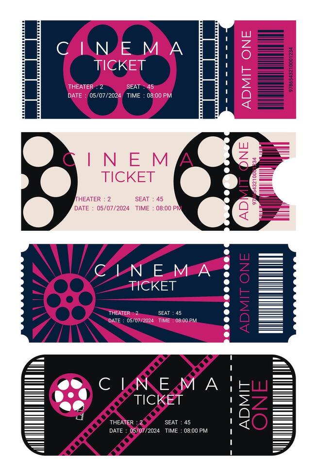 Set of cinema tickets with different design. Front view. Cinema ticket template. illustration vector