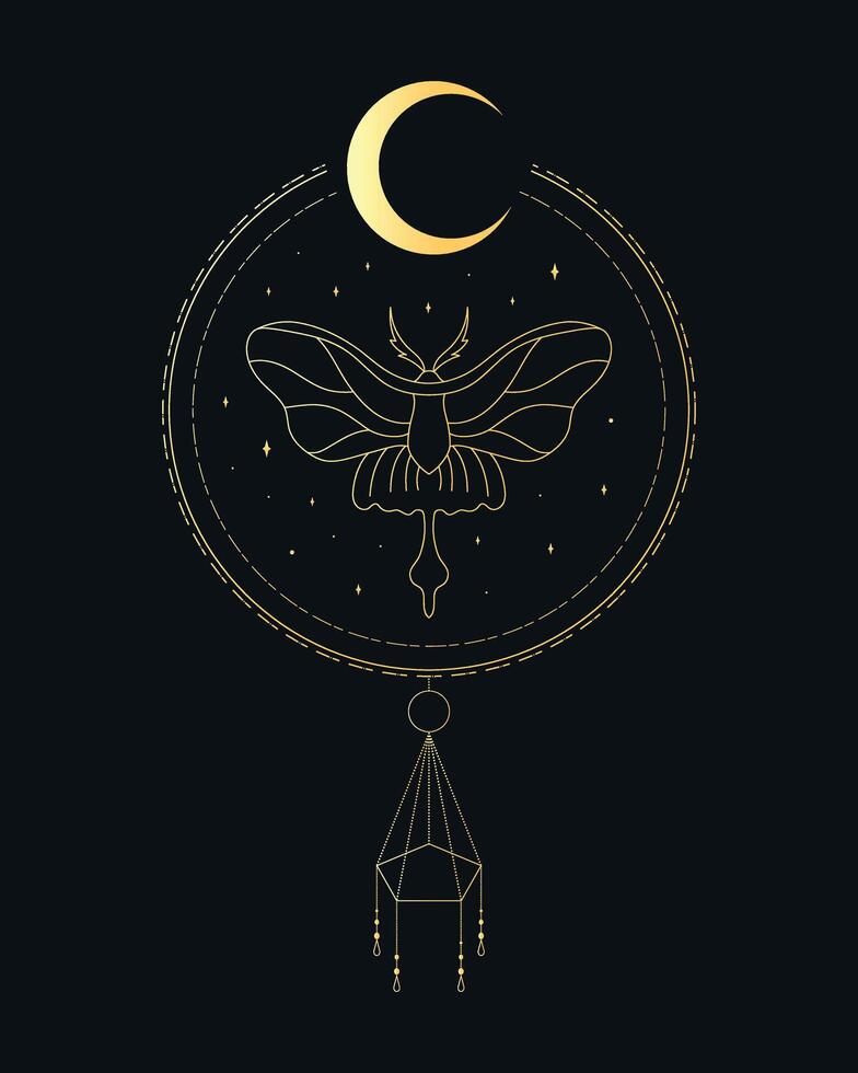 Celestial emblem with a golden butterfly in a dreamcatcher. illustration vector