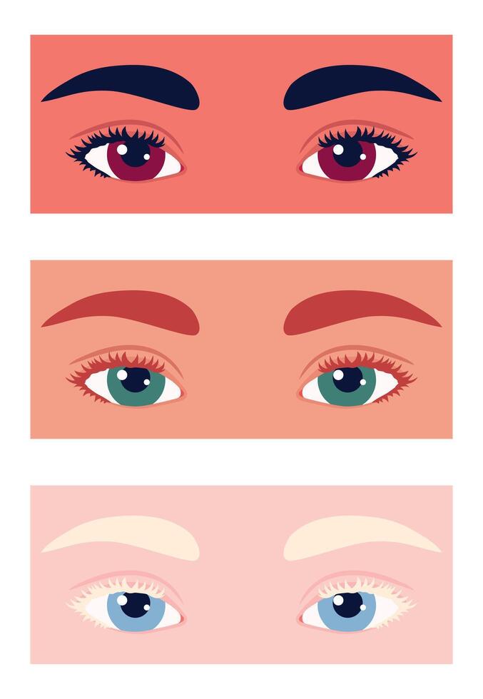 Set of different eyes and eyebrows colors. Retina of different colors. World Sight Day and World Retina Day. vector