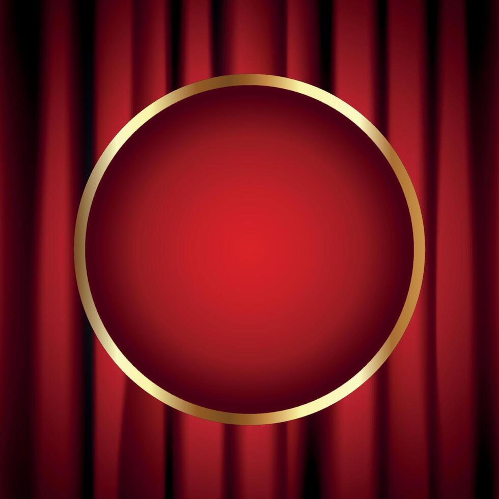 Red curtain on stage background with round golden frame for text. Velvet stage curtain in theater scene or cinema. illustration vector