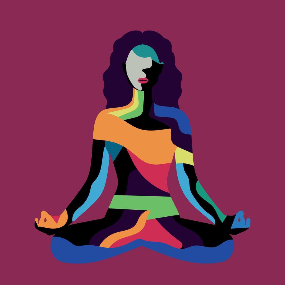 Abstract woman sitting in lotus position. Contemporary concept of meditating girl made of colorful shapes. Female doing yoga and meditating. illustration vector