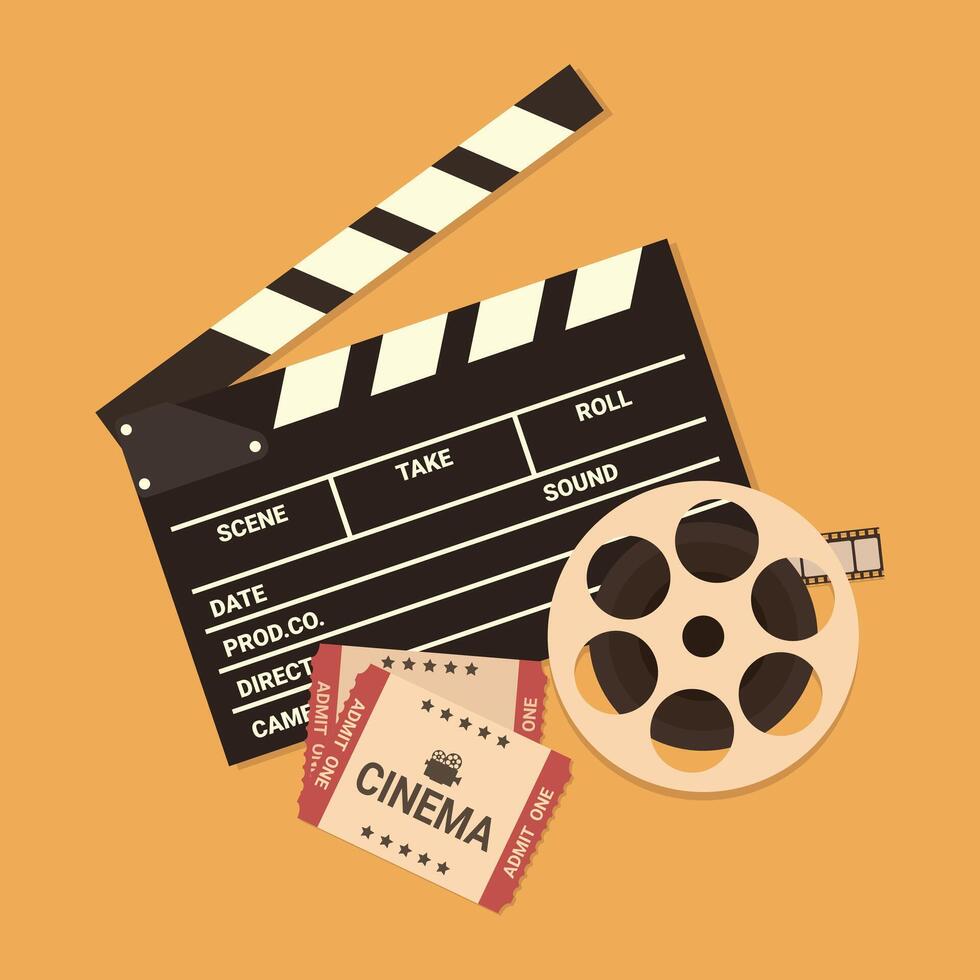 Movie poster template. Retro Cinema background with an open clapper board, film reel and movie tickets. illustration in flat style vector