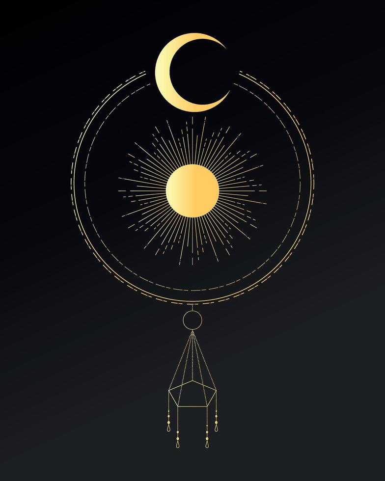 Golden dreamcatcher with crescent and sun. Celestial emblem. Mystery, astrology, esoteric. illustration vector