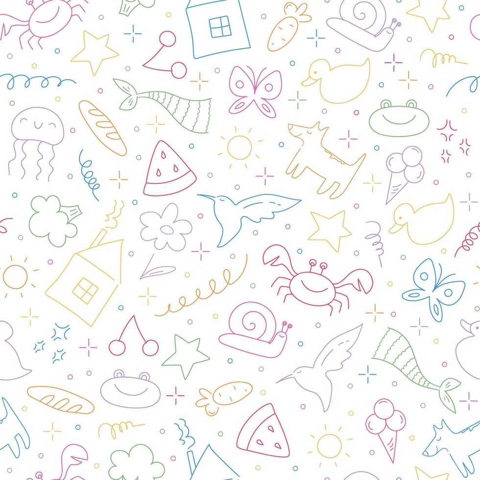Childish doodle outline elements seamless pattern. Hand drawn animals, food, plants and objects in kids scribble style. illustration vector