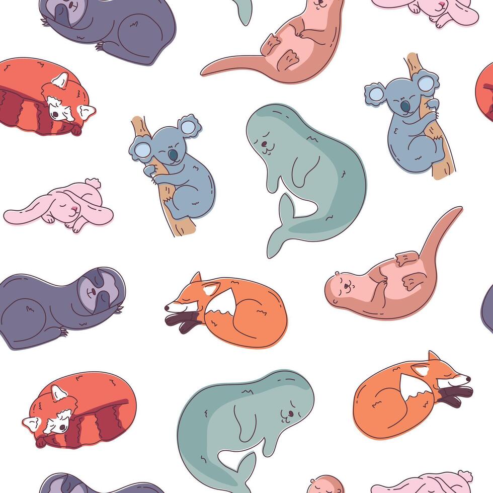 Wild sleeping animals seamless pattern. Cartoon sleepy otter, seal, koala, rabbit, fox, red panda and sloth animal. illustration vector