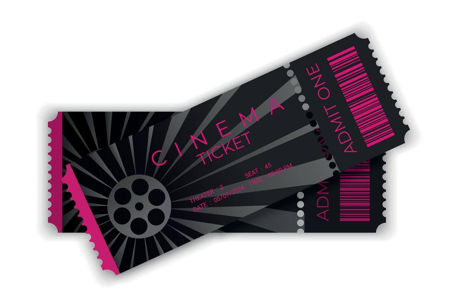 Two cinema tickets with barcode in realistic style. Design with film reel. Front view. Cinema ticket template. illustration vector