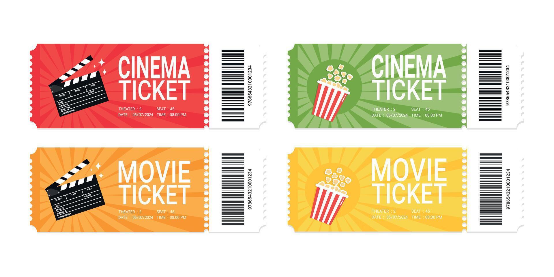 Modern movie or cinema ticket design set. Realistic front view. Cinema ticket template. illustration vector