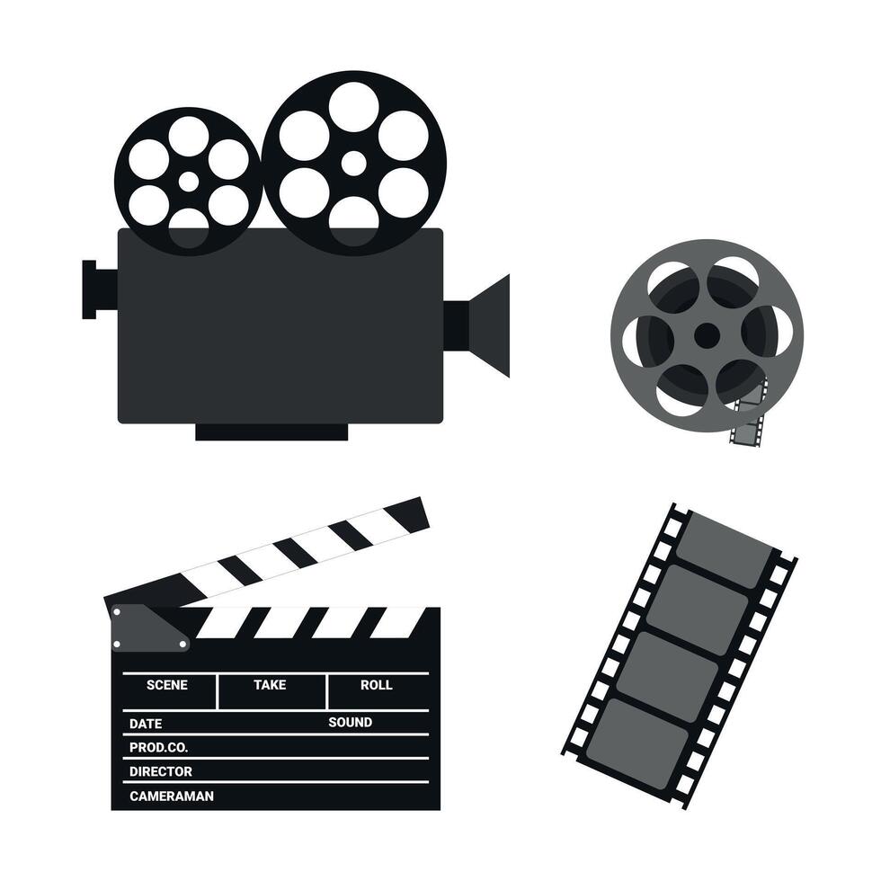 Cinema icons. camera, film reel, clapperboard and film strip isolated on white background. illustration in flat style vector