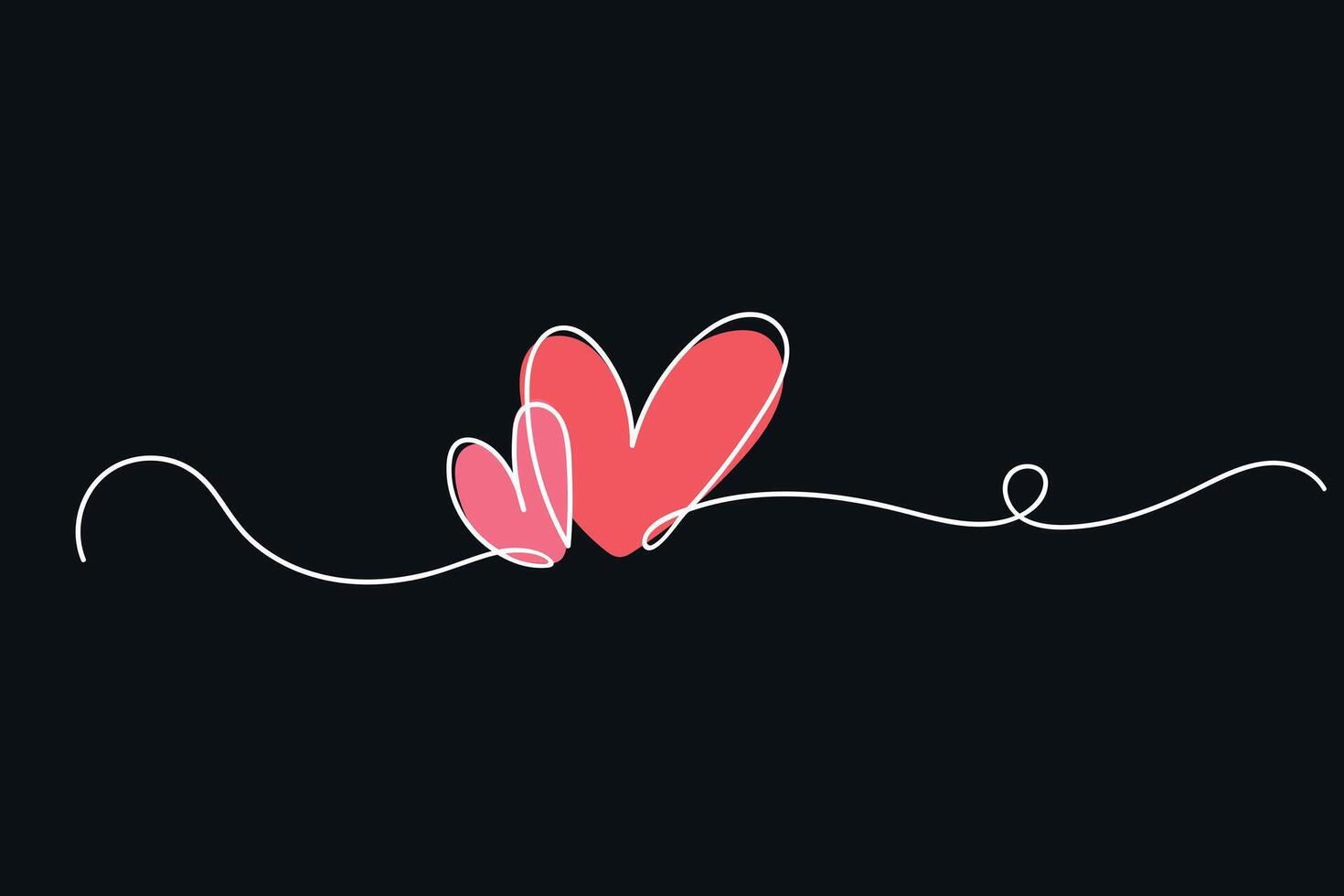 Two hearts continuous one line drawing on black background. Valentines Day trendy minimalist concept. illustration vector