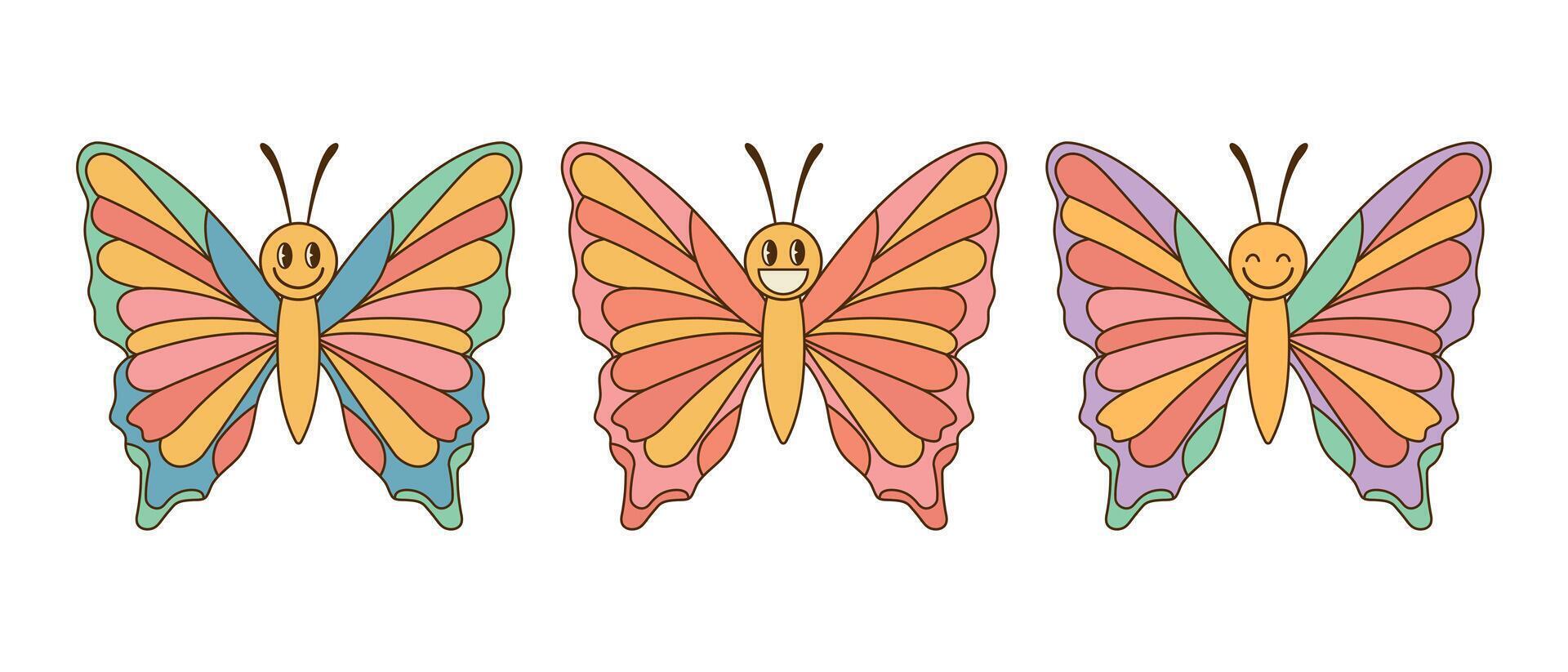 Smiling groovy butterfly characters set. Hippie retro style. Insect icons. illustration vector