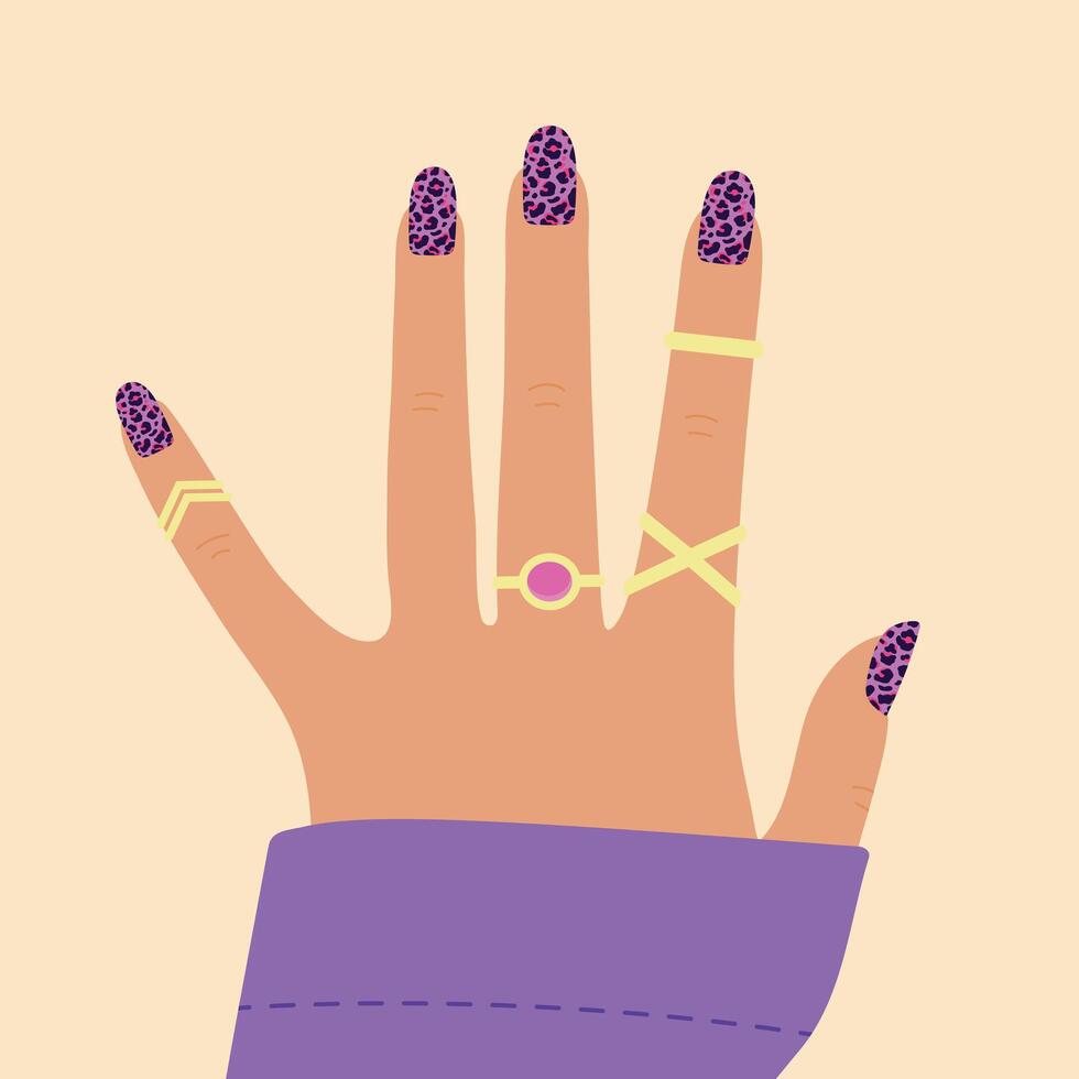 Woman hand with bright leopard print nail design. Colorful nail art manicure design vector