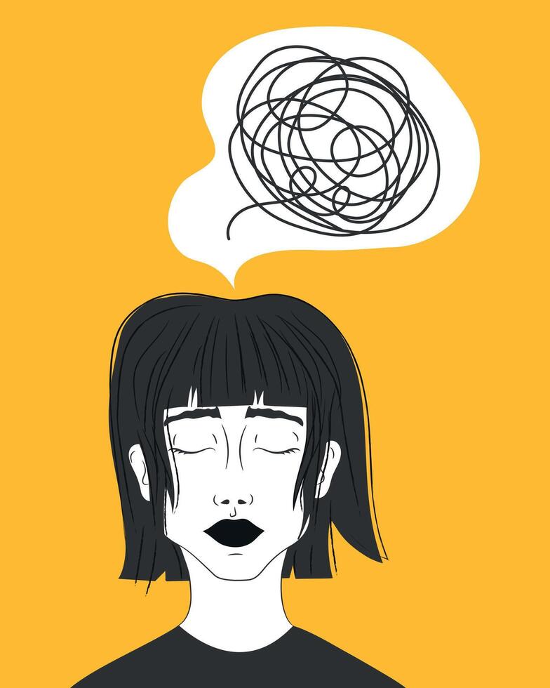 A girl with a tangle of thoughts, anxiety and messed emotions. Woman worried about bad mental health. Mental disorder and chaotic thoughts vector