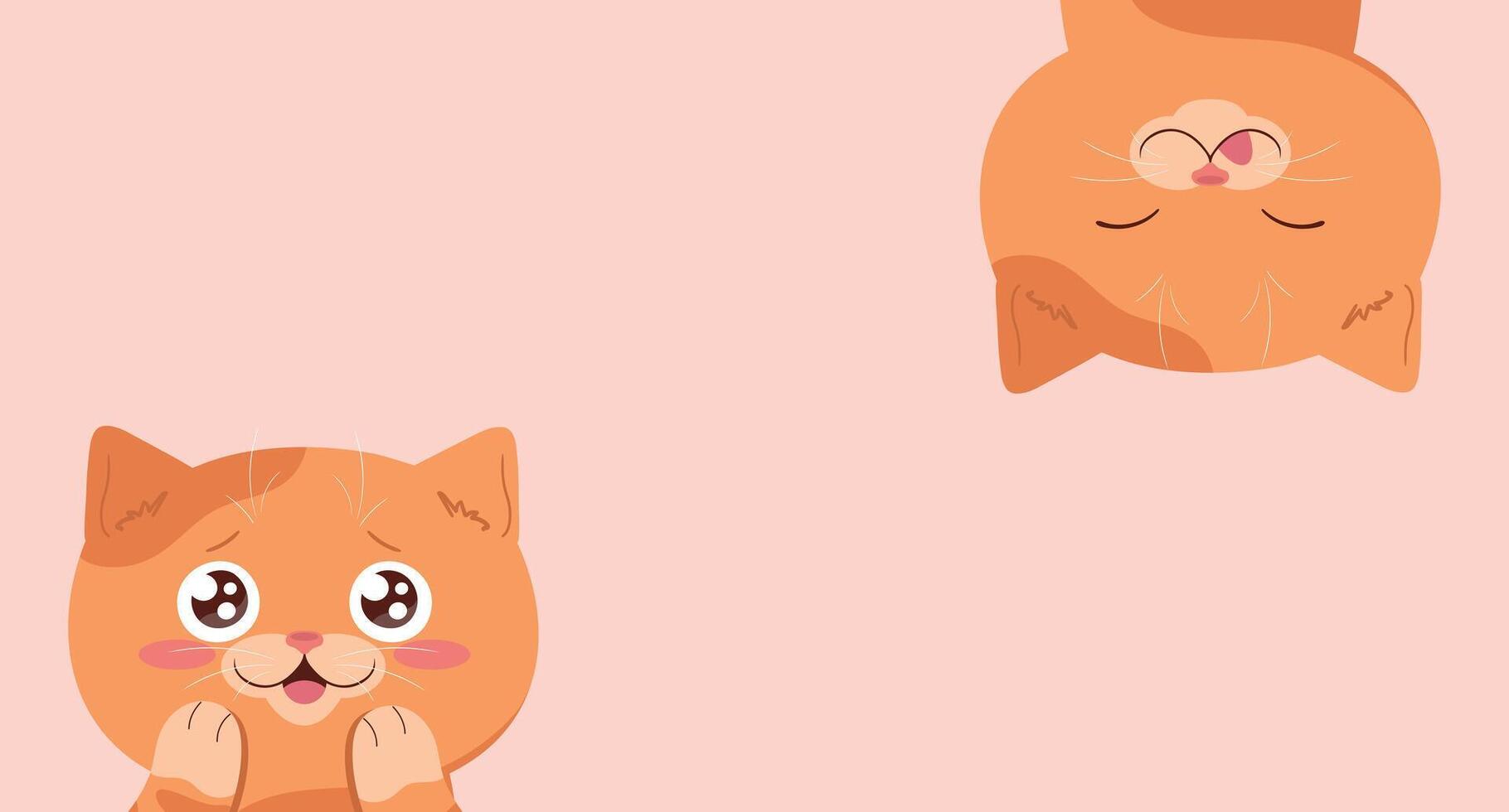 Banner with cute cartoon ginger cats. Emotional cat hanging upside down. Cute template. illustration vector