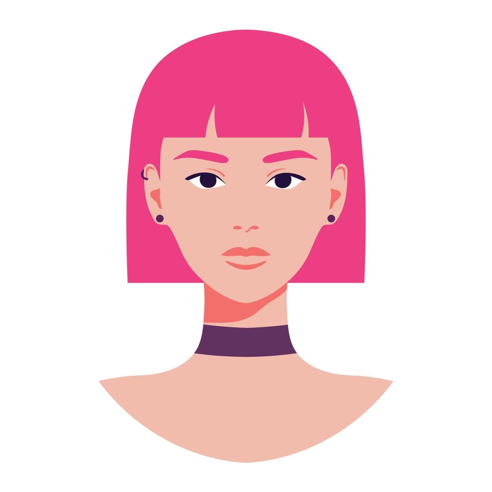 Portrait of a beautiful woman with pink hair and piercing. Full face isolated on white background. Avatar for social media. illustration vector