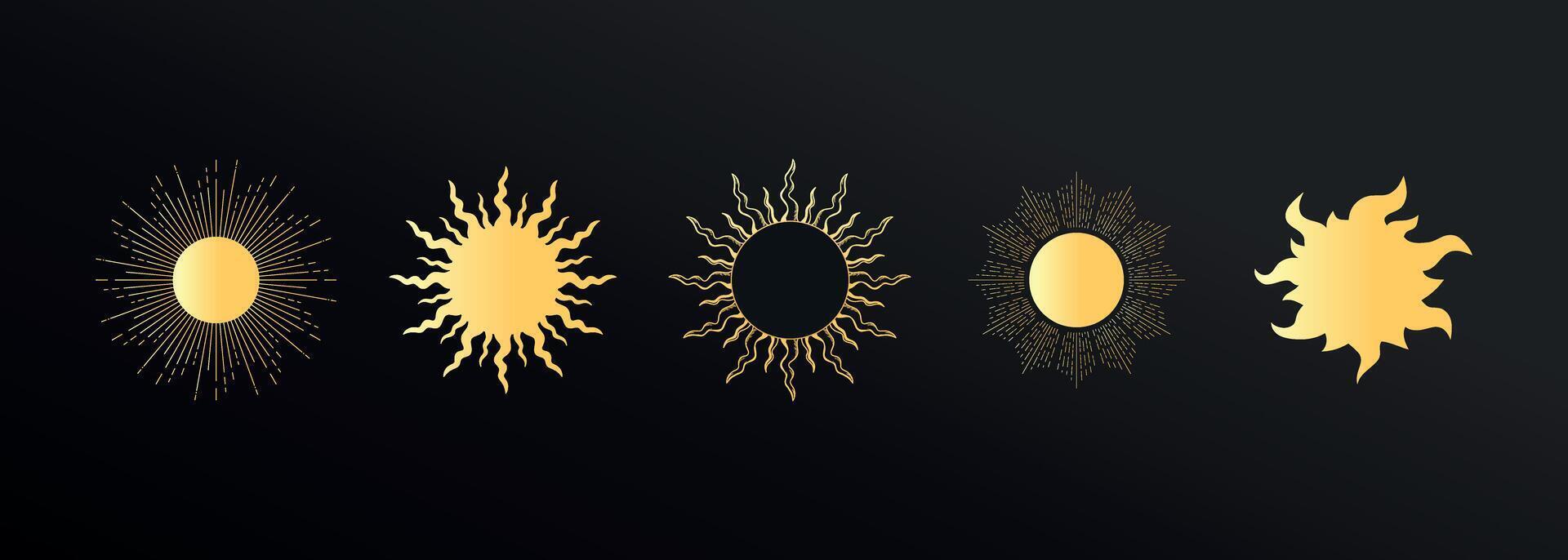 Set of golden celestial sun symbols. Various shaped suns. Celestial space emblems. Space elements. illustration vector