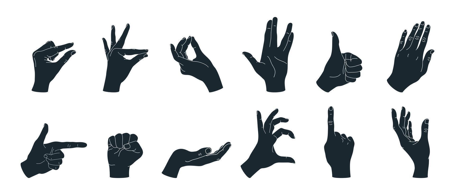 Hand gesture silhouettes set 2. Set of different hand gestures. Thumb up, pointing finger, fist, heart, cupped hand. illustration vector