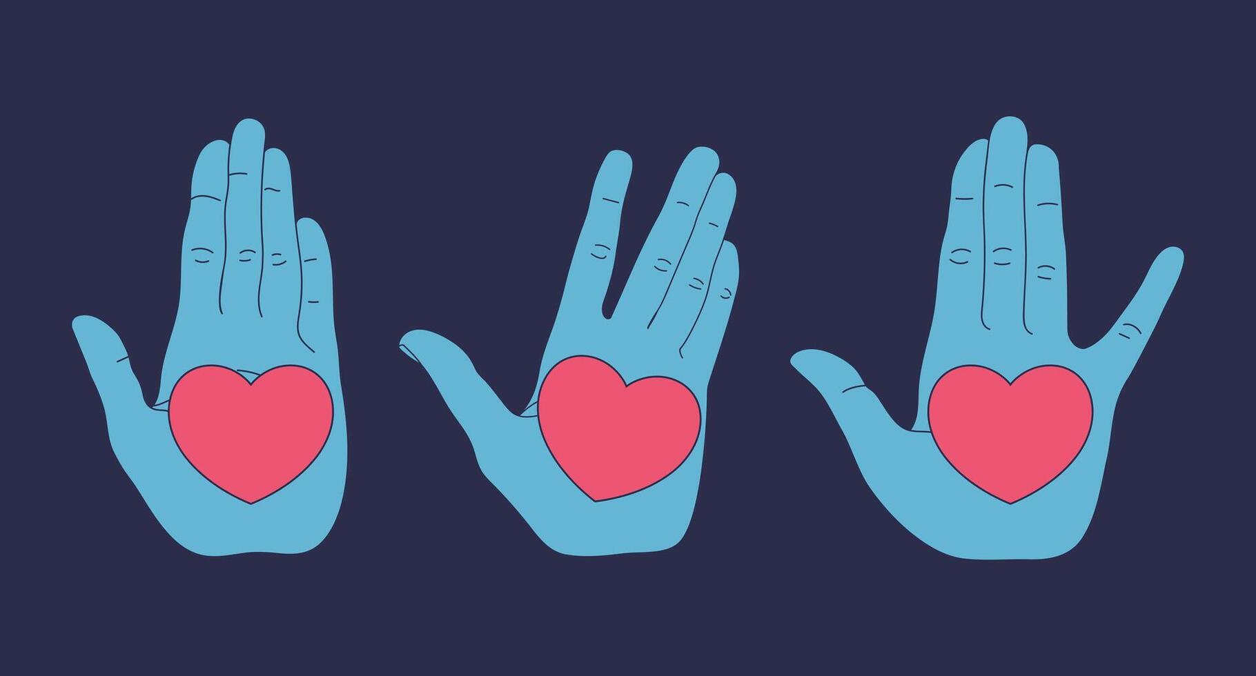 Set of human hands with a heart on open palm. Heart on hand. illustration vector