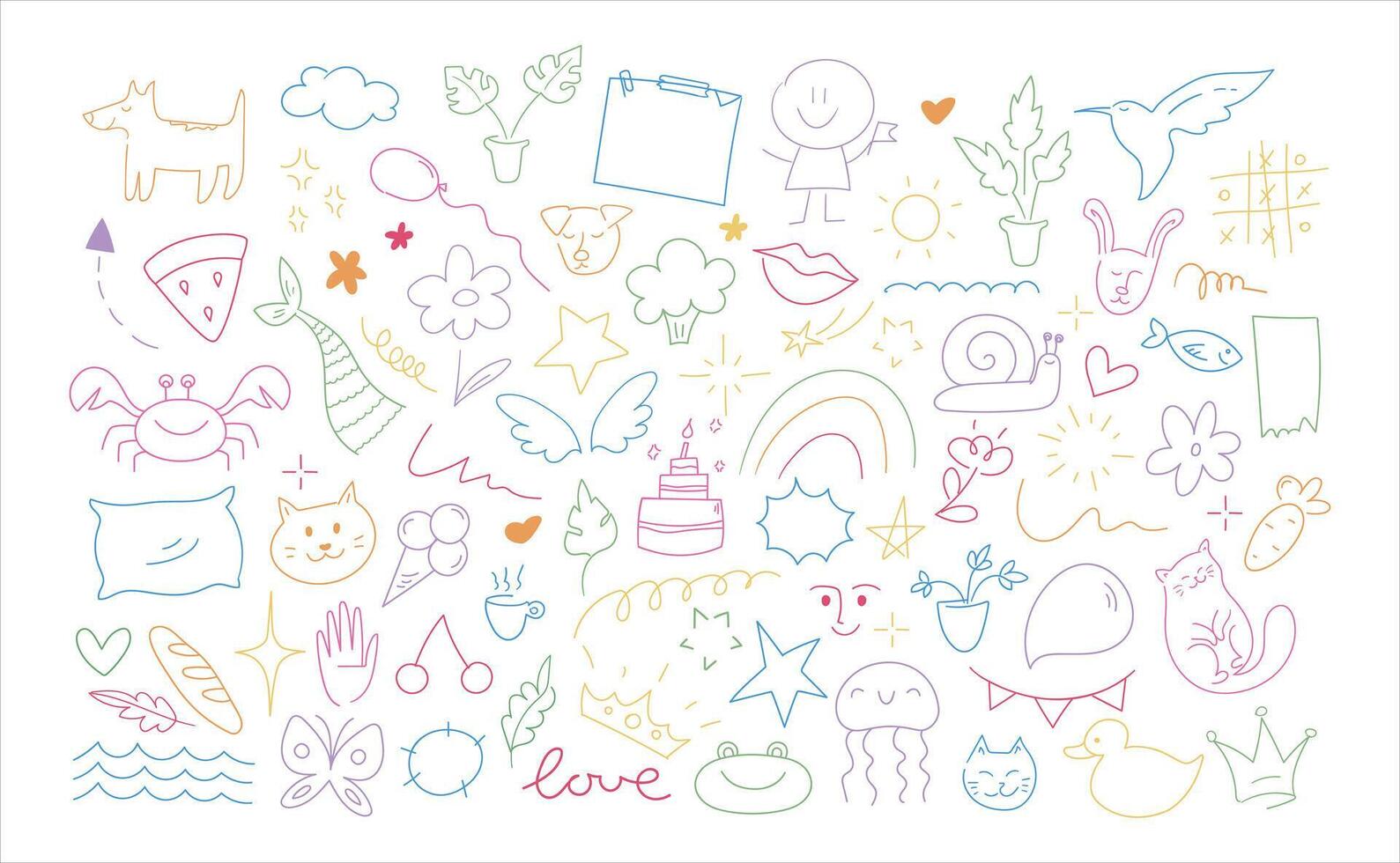Childish doodle outline elements collection. Hand drawn animals, plants and objects in kids scribble style. illustration vector