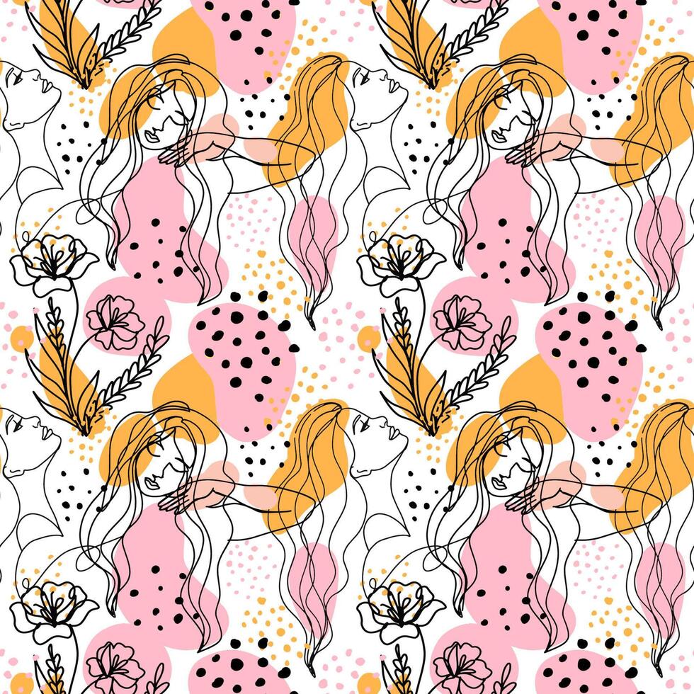 Woman face continuous line drawing, modern seamless pattern vector