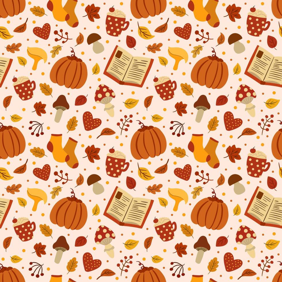 Autumn cozy seamless pattern with falling leaves and pumpkins. vector