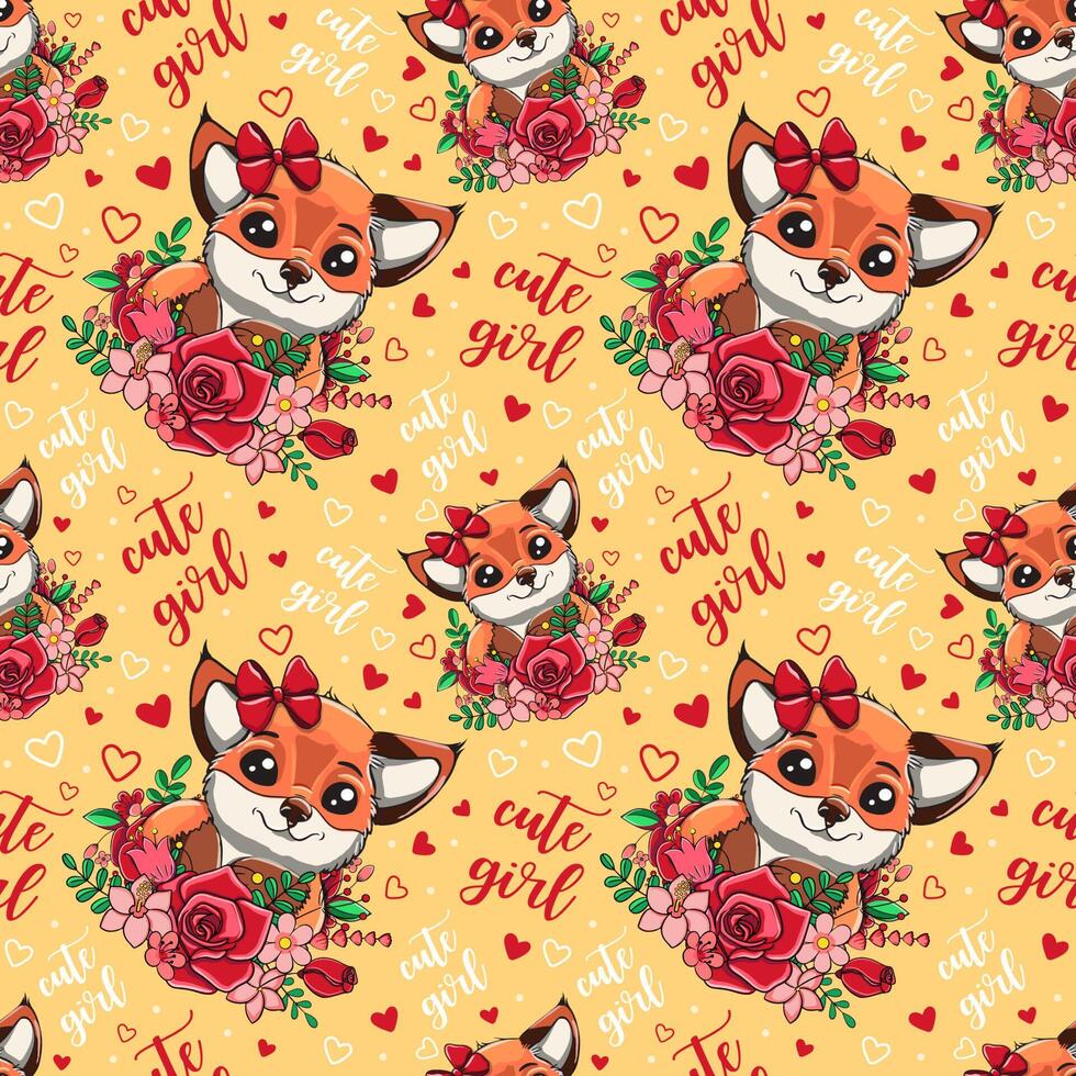 Cute Cartoon Fox with flowers seamless pattern vector