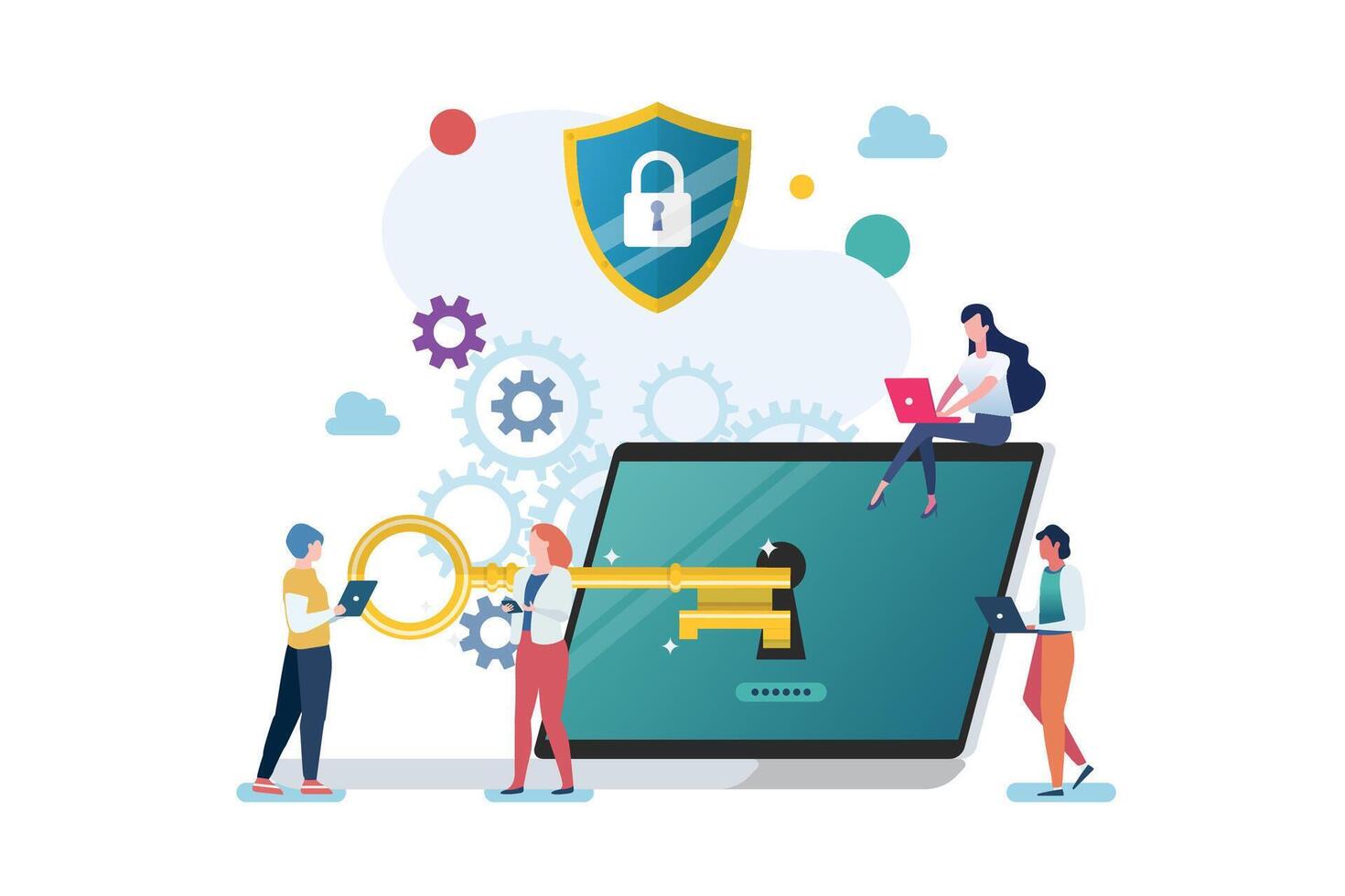 People with Gold key try to unlock laptop. Shield security protection. vector