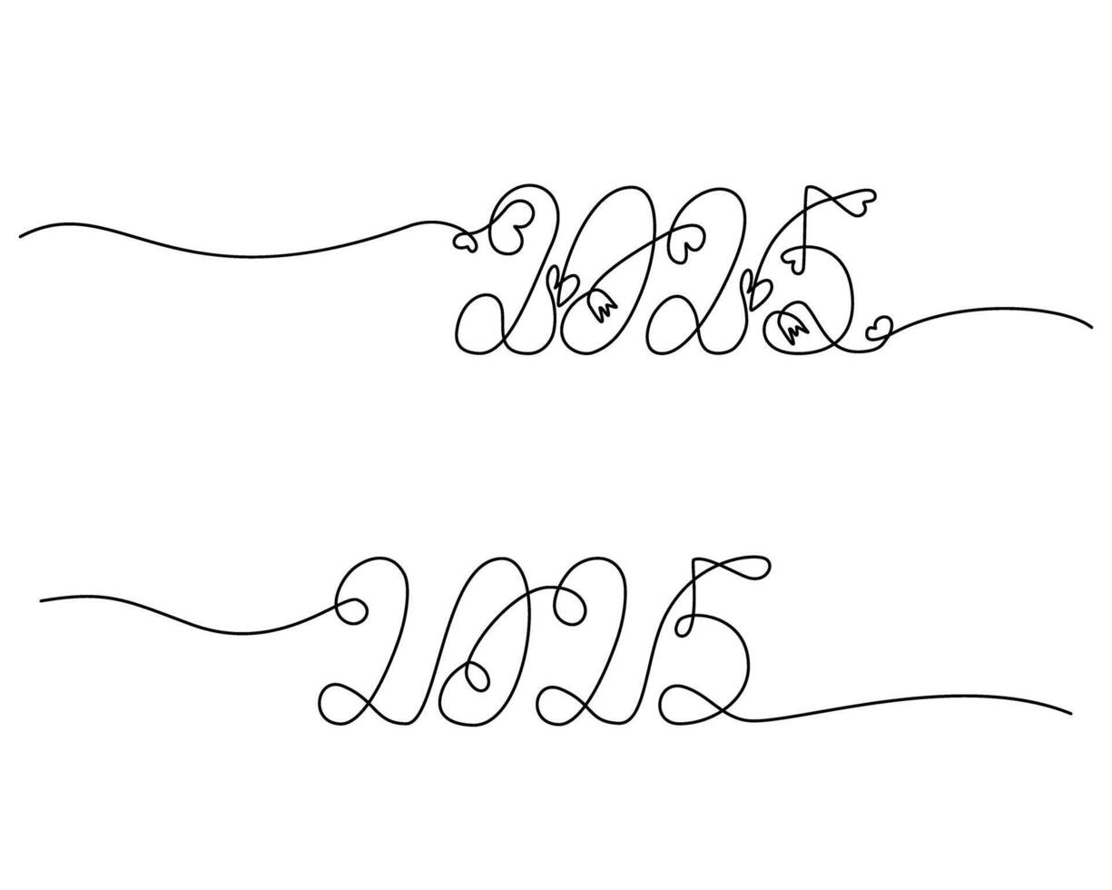 2025 hand lettering continuous line. Set of 2 different spellings Simple and with decorative elements. . Isolate. EPS. Cards, poster, banner, brochure, price, label or web, promo design concept vector