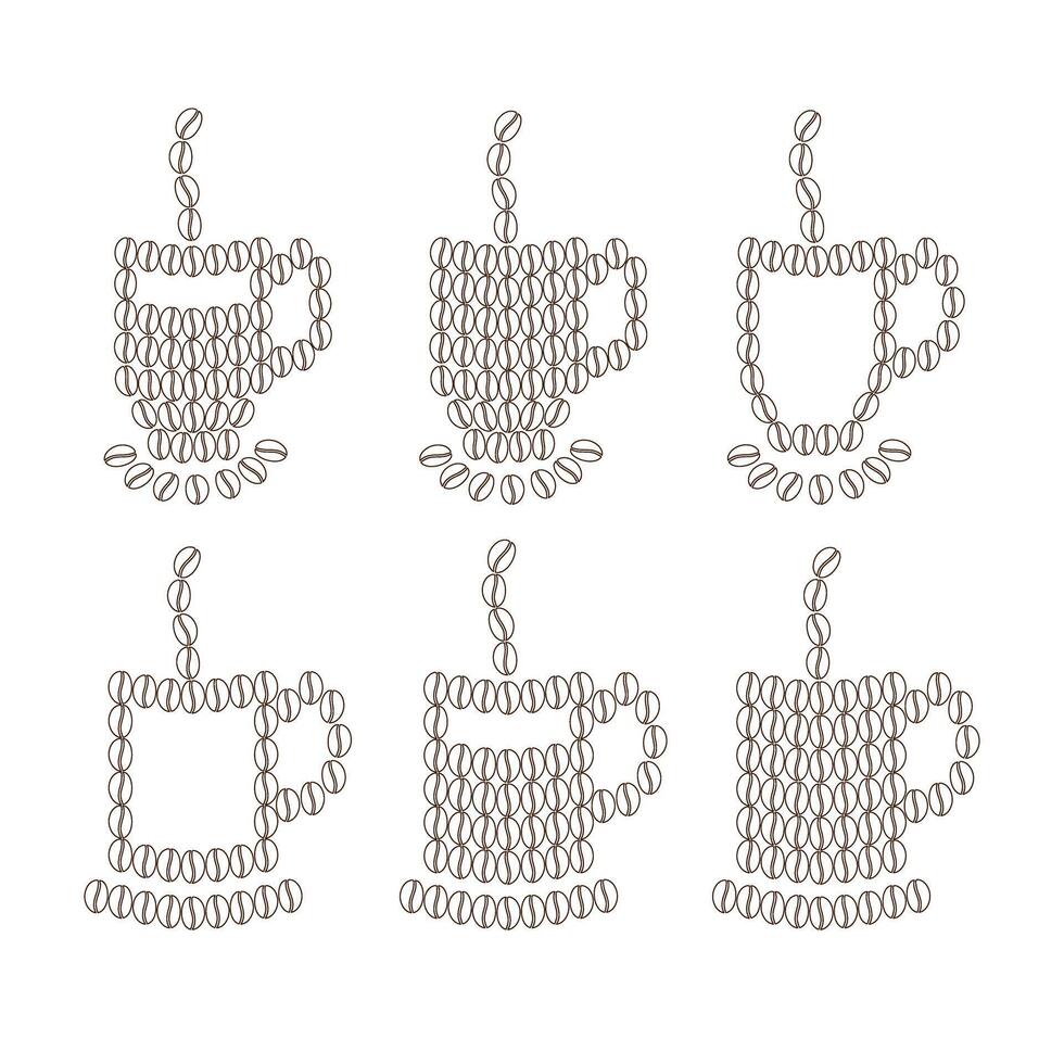 Mugs made of outline coffee beans with steam in minimalistic style. Logo, Icon design idea. Set of 6. Isolate EPS. Coffee Day greetings, cards, poster, banner or web, price tag, label concept vector